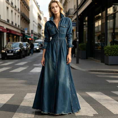Style Retro Elegant Fitted Long Sleeve Denim Dress with Flared Skirt