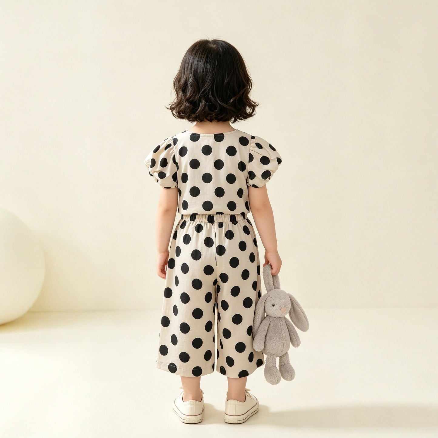 Cute Girl's Set with Polka Dot Short Sleeve Top and Wide Leg Pants