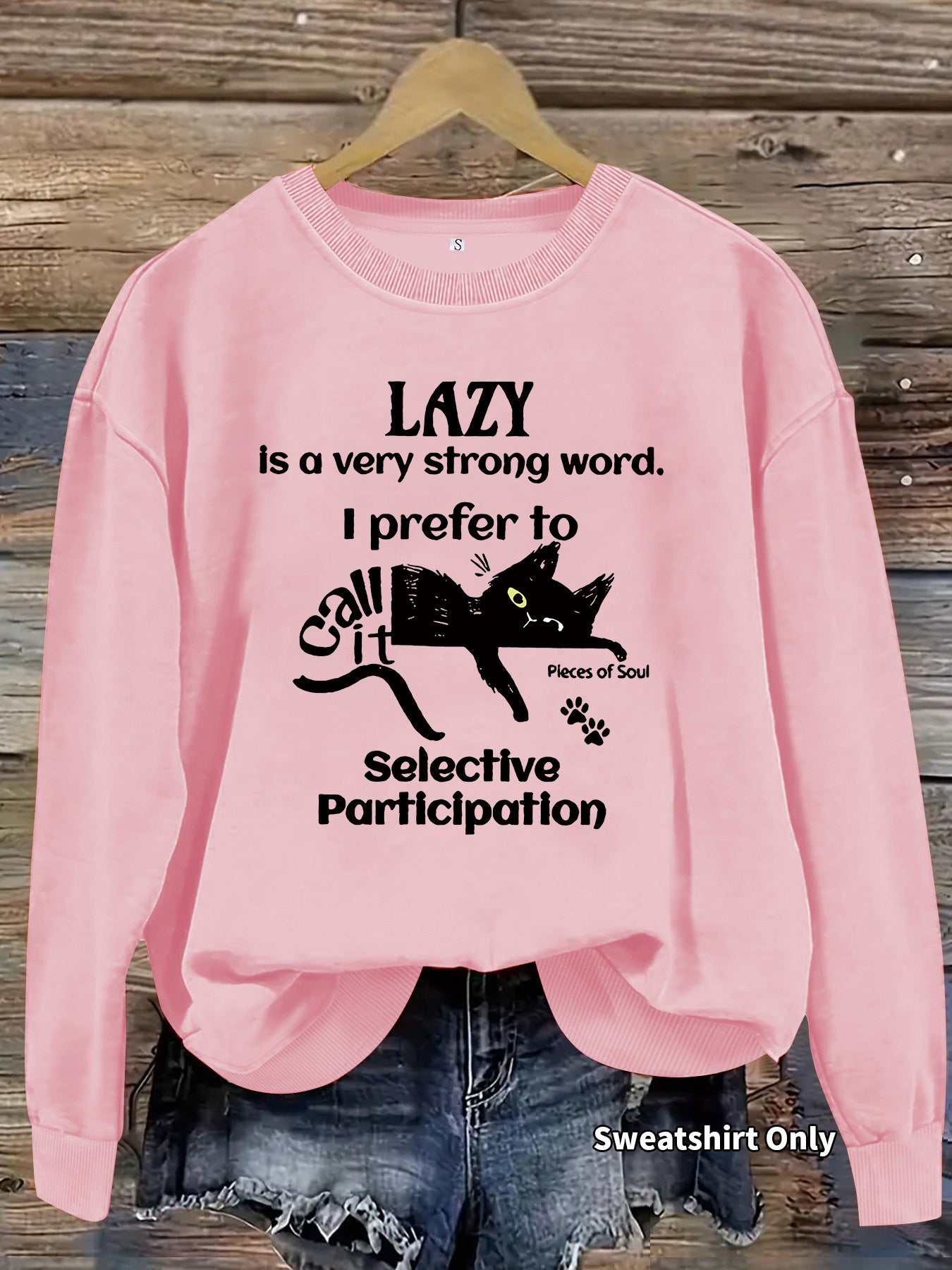 Lazy Man Slogan and Black Cat Print Round Neck Sweatshirt