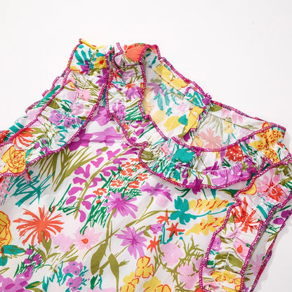 Floral Set for Girls Sleeveless Top with Ruffles and Wide Leg Pants Two-Piece