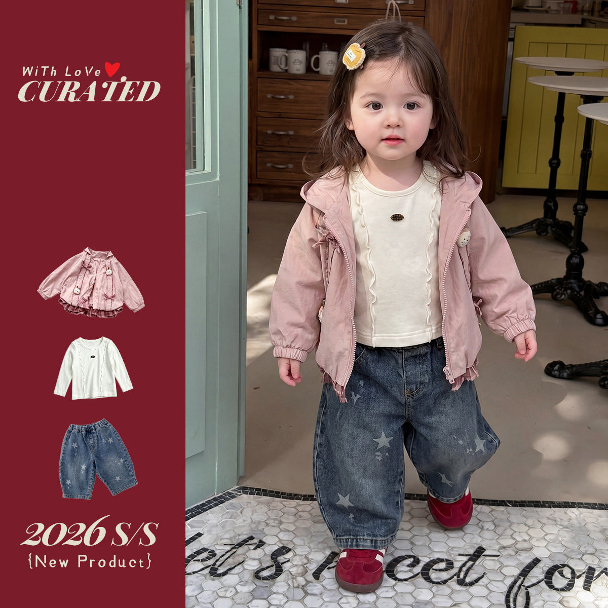 Outfit Set with Sweet Jacket, Jeans Pants Three-Piece Children's Clothing for Girls