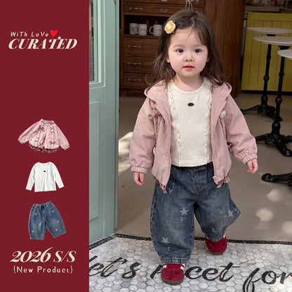 Outfit Set with Sweet Jacket, Jeans Pants Three-Piece Children's Clothing for Girls