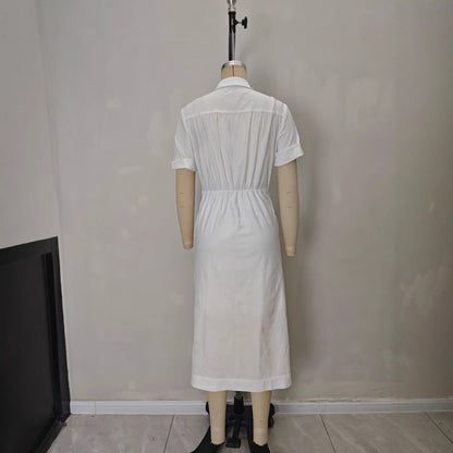 Solid color waist folded shirt long dress