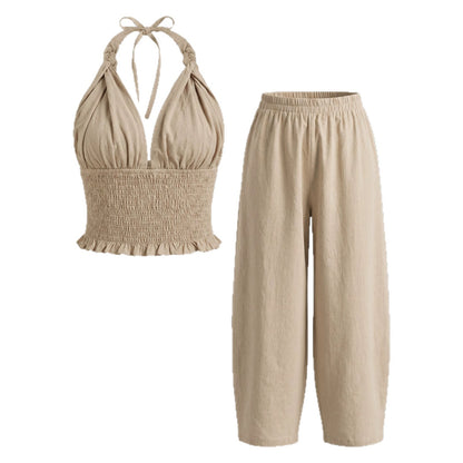 Hanging neck V-neck short top+loose lantern pants linen two-piece set for women