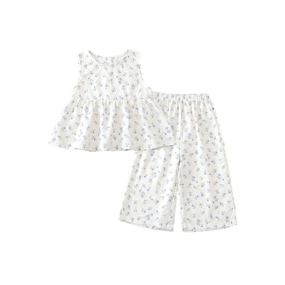 Floral Sleeveless Top and Wide-Leg Pants Two-Piece Set for Girls