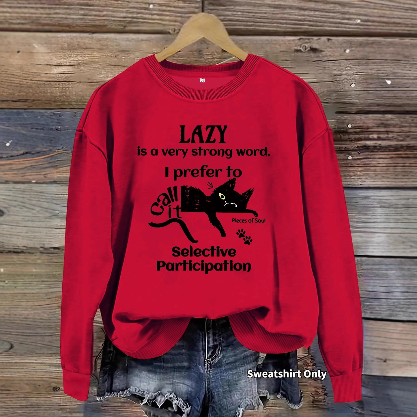 Lazy Man Slogan and Black Cat Print Round Neck Sweatshirt