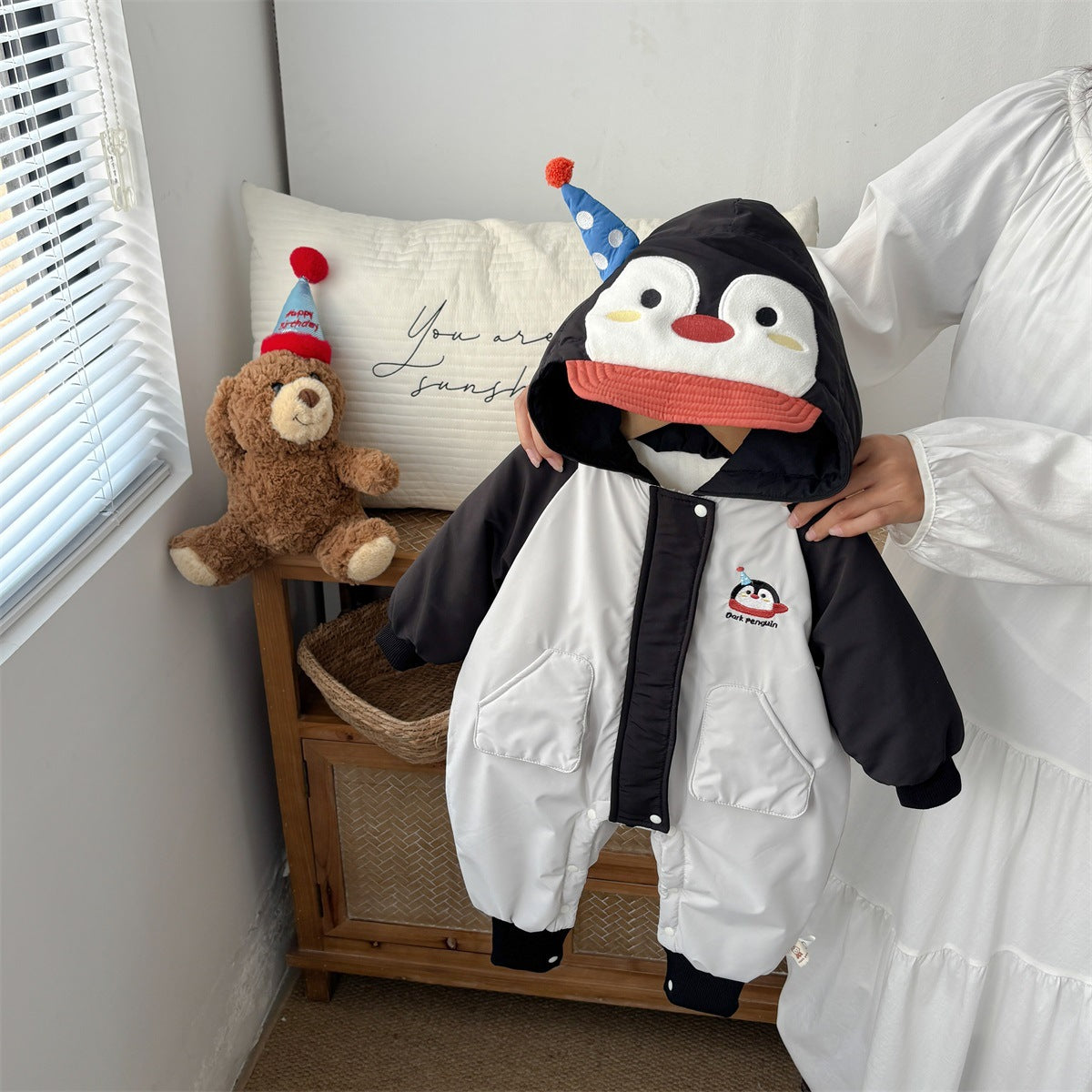 Penguin Windproof Jumpsuit, Stylish Unisex Baby Fleece-Lined Thickened Cute Outerwear