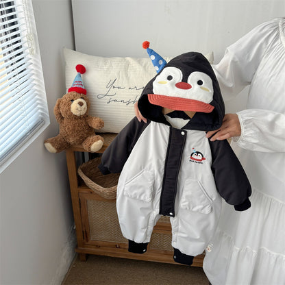 Penguin Windproof Jumpsuit, Stylish Unisex Baby Fleece-Lined Thickened Cute Outerwear