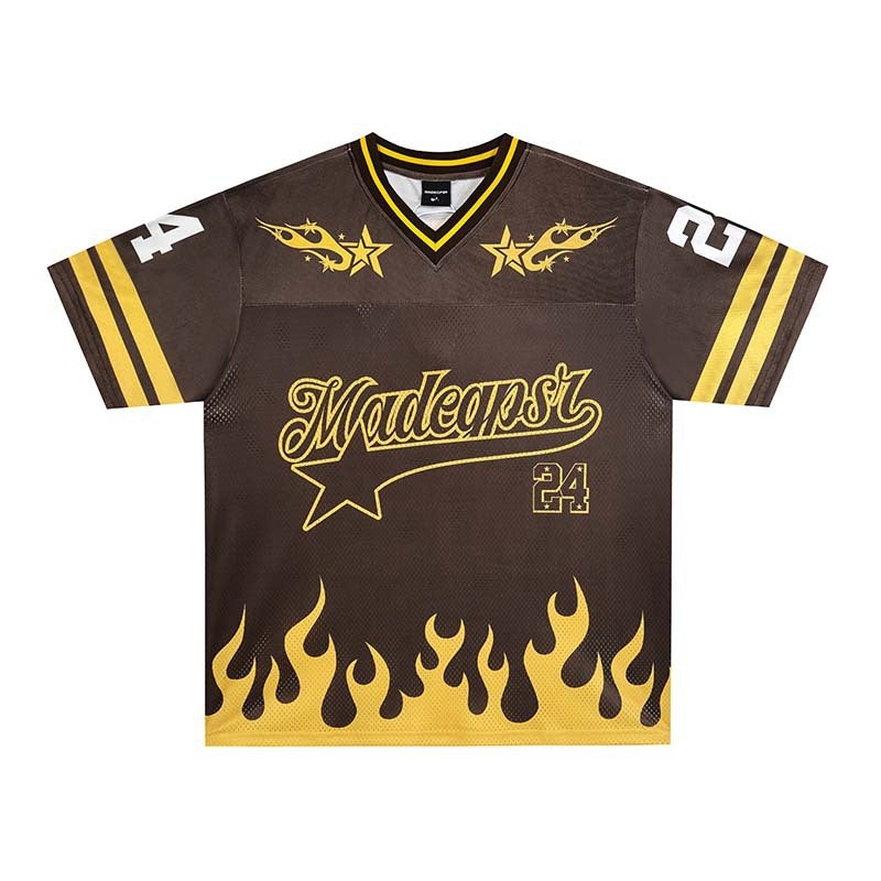 Alphabet flame print V-neck short sleeved jersey