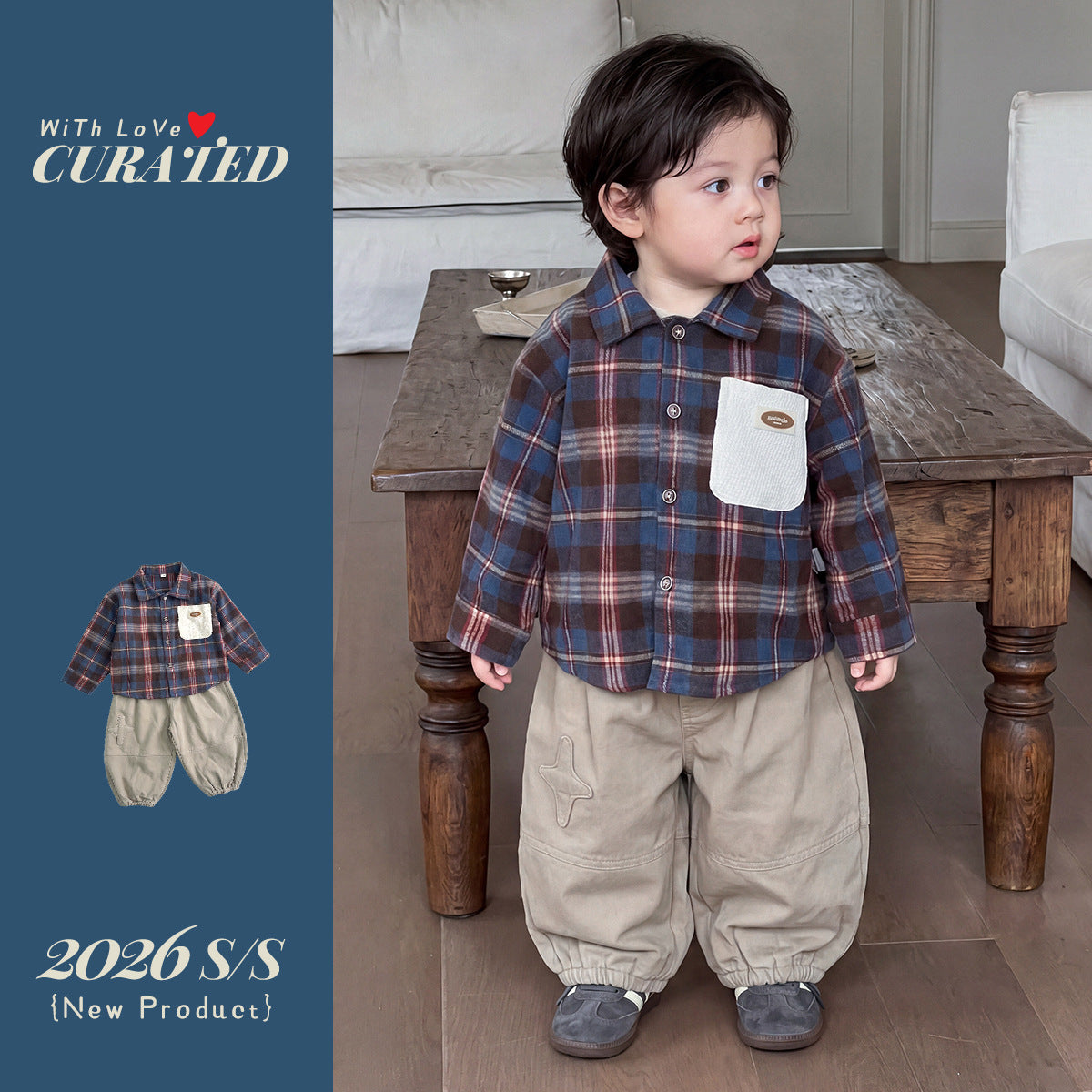 A-Class Cotton Boys' Outfit Plaid Long Sleeve Shirt Two-Piece Set for Toddlers